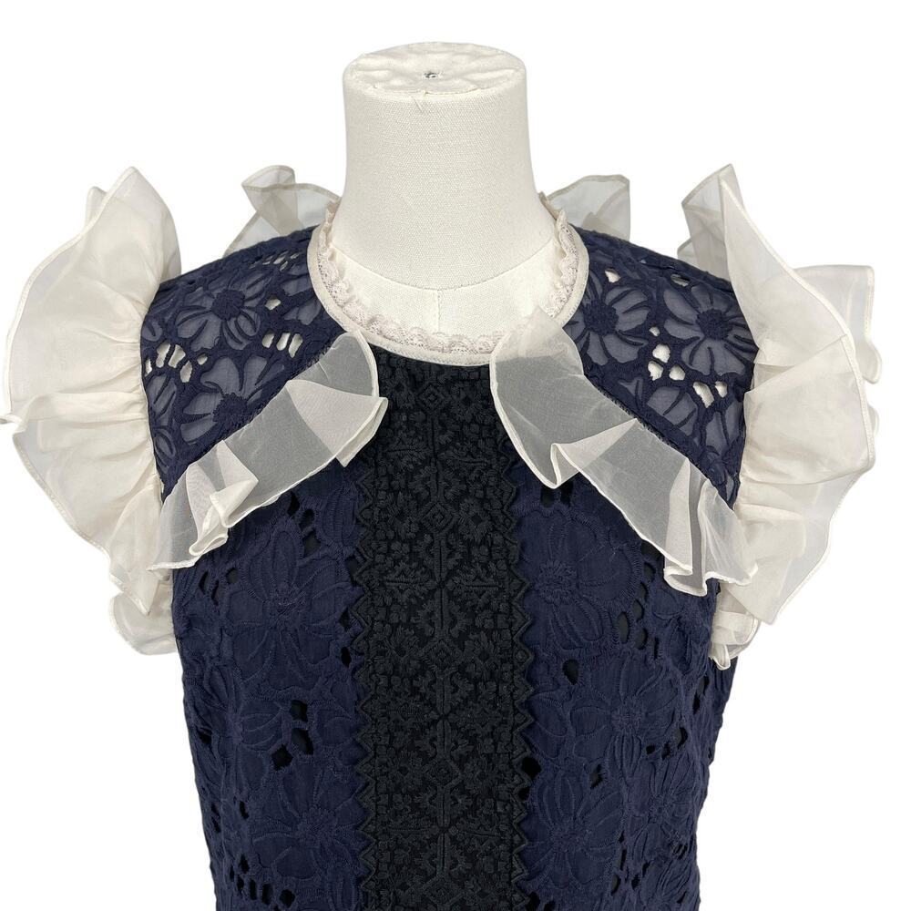 Rebecca Taylor Women's High Neck Ruffle Lace Dress Size 6 Navy Ivory OOAK - Picture 15 of 15